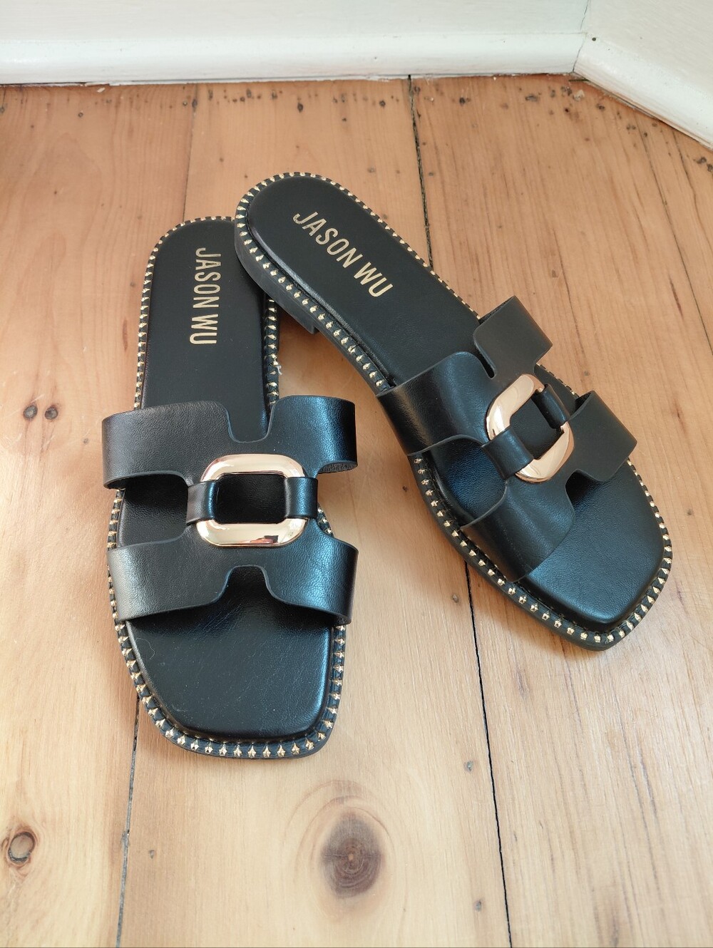 Jason Wu Danis Slide Sandals Black Gold Trim Women's Shoe Size 9